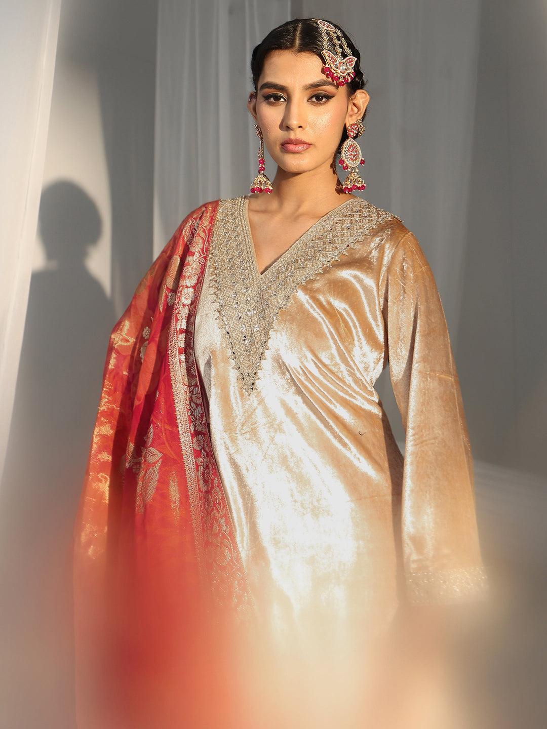  Libas Cream Embroidered Velvet Straight Suit Set 