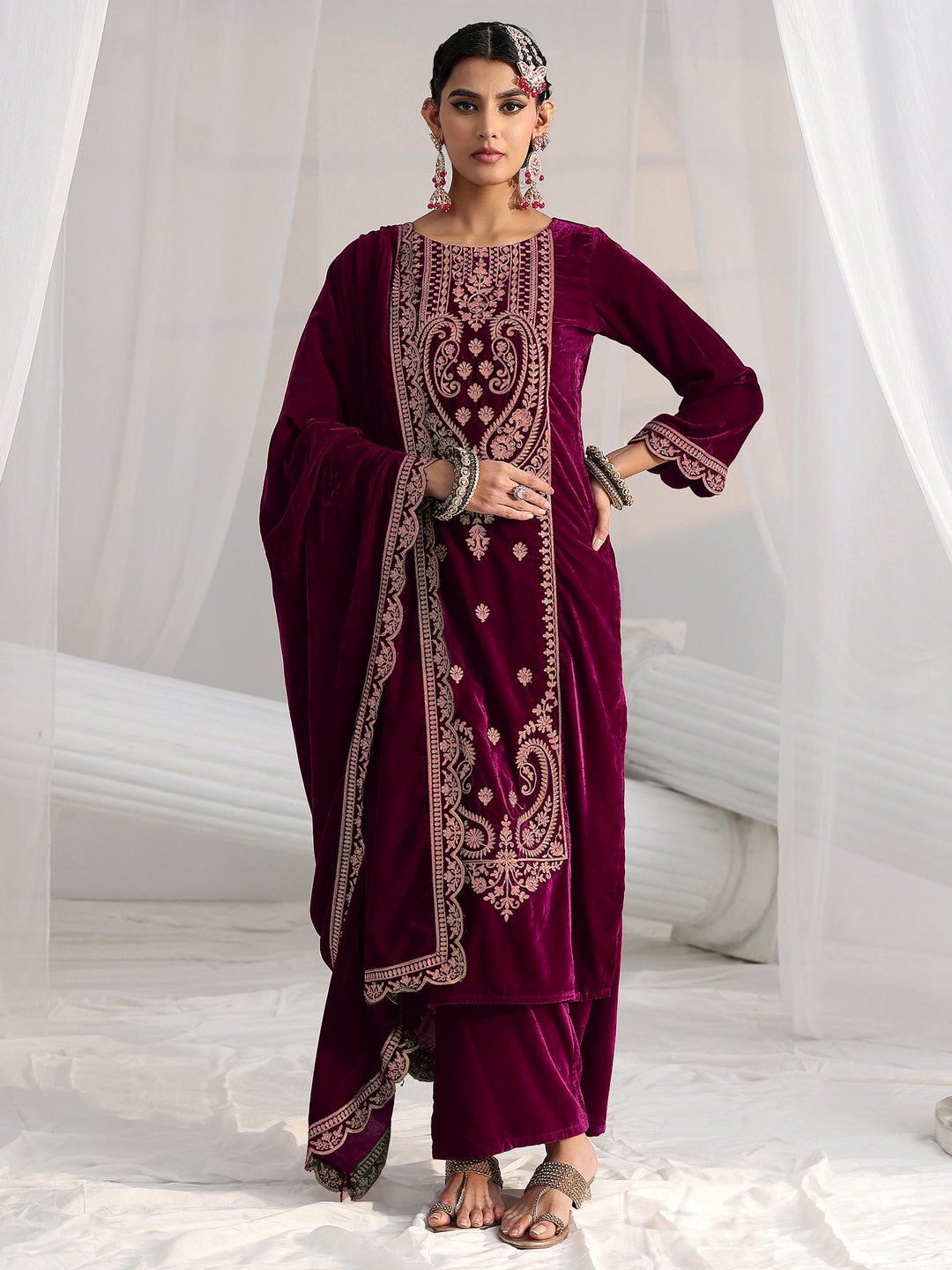  Libas Burgundy Paisley Embroidered Velvet Straight Suit Set 