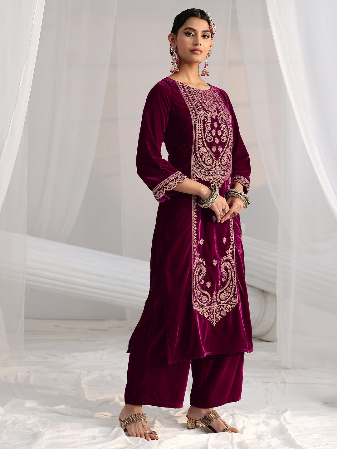  Libas Burgundy Paisley Embroidered Velvet Straight Suit Set 