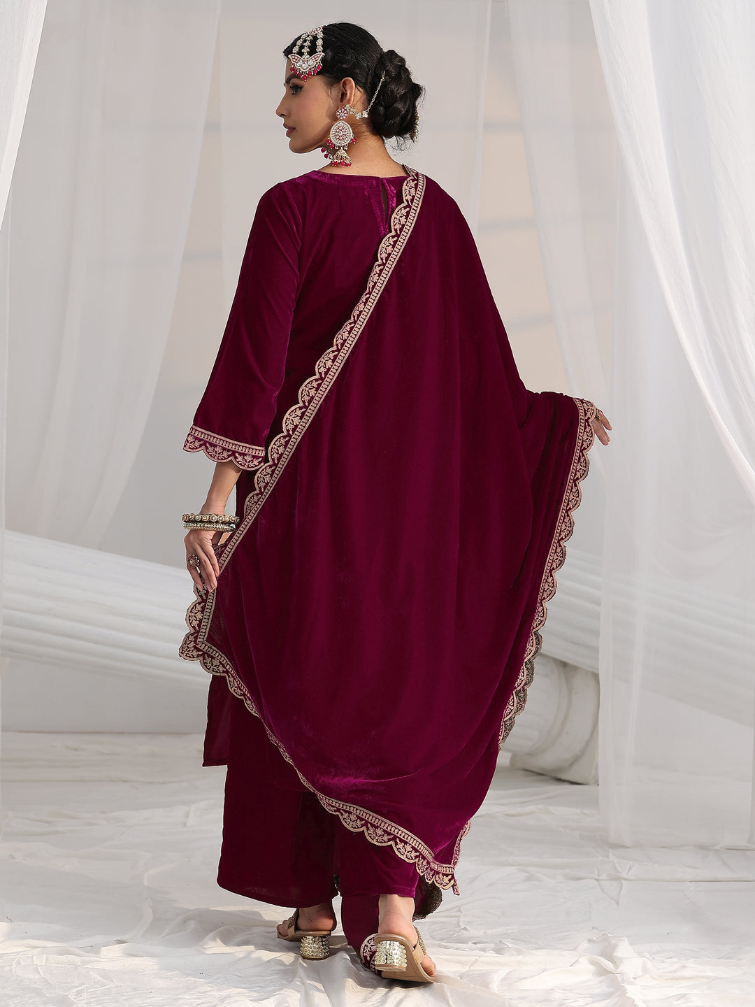  Libas Burgundy Paisley Embroidered Velvet Straight Suit Set 