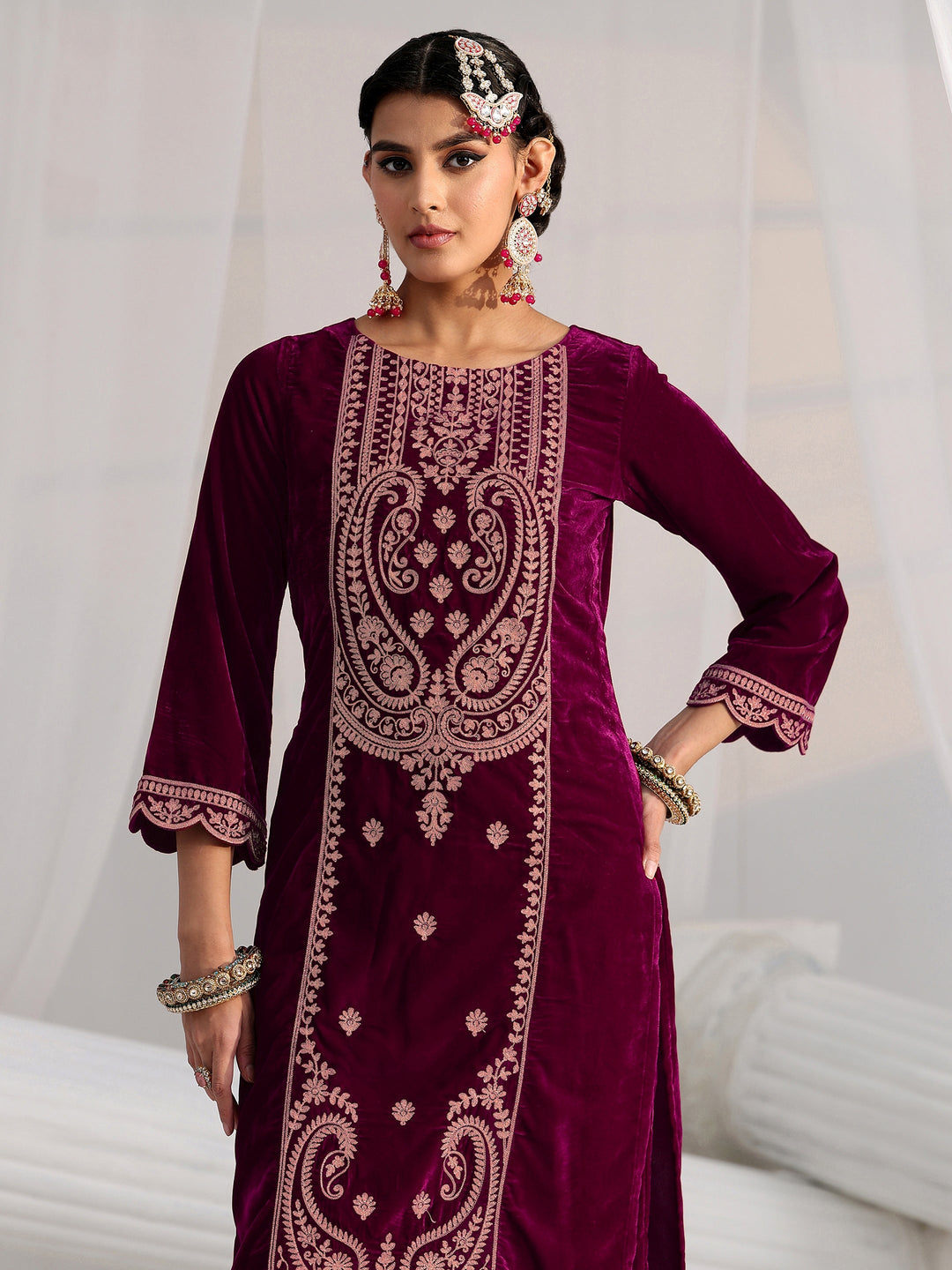  Libas Burgundy Paisley Embroidered Velvet Straight Suit Set 