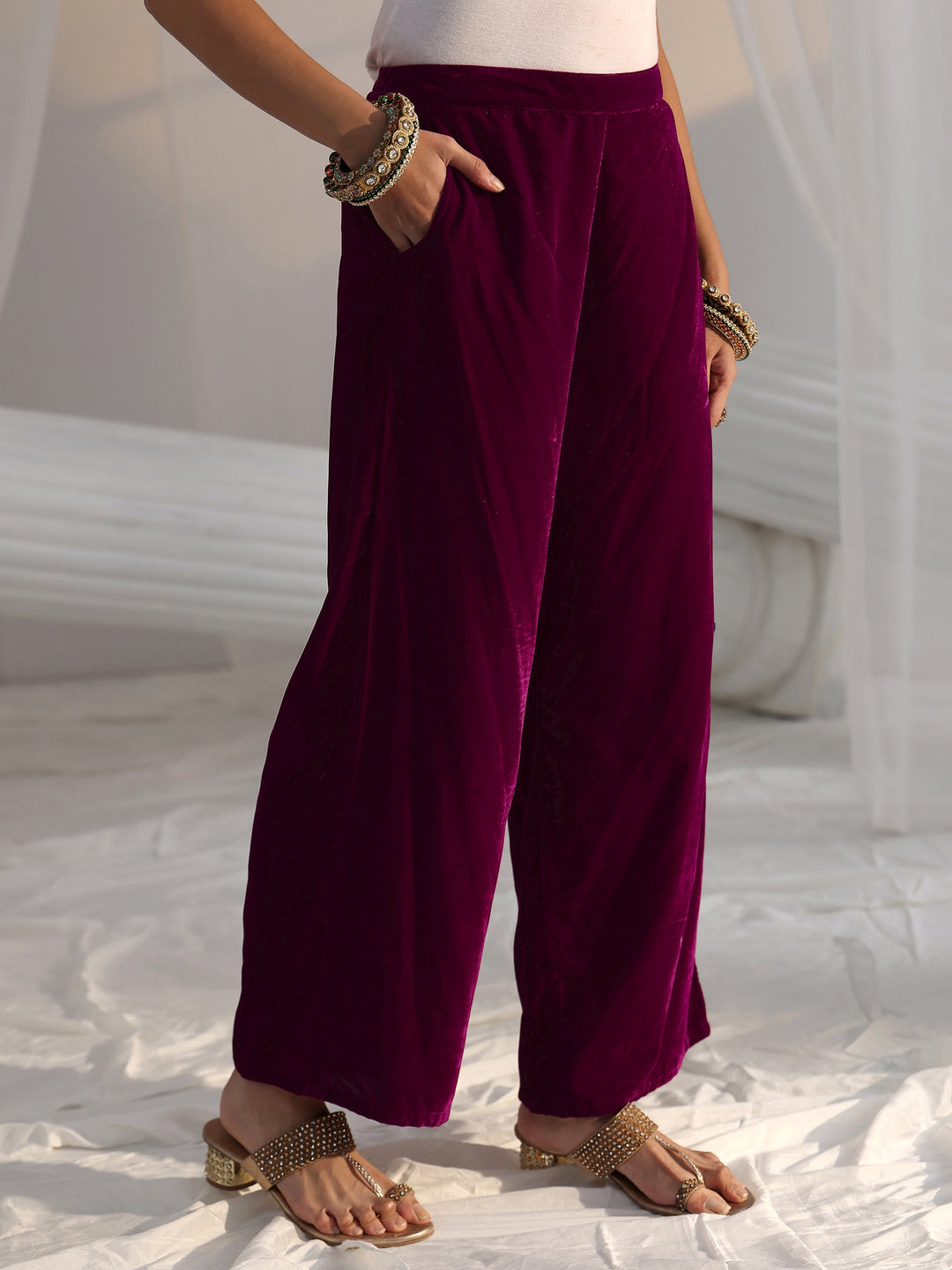  Libas Burgundy Paisley Embroidered Velvet Straight Suit Set 