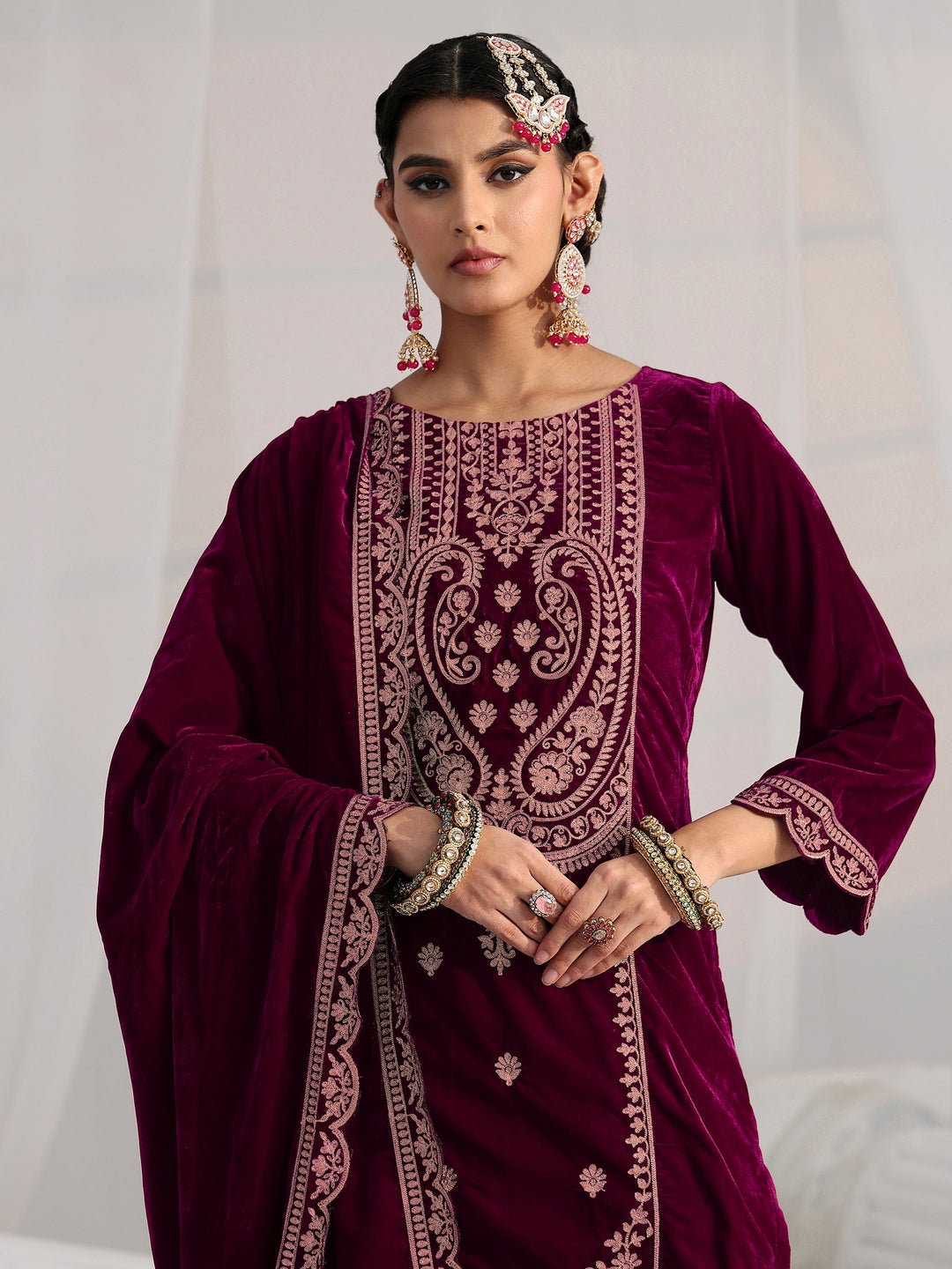  Libas Burgundy Paisley Embroidered Velvet Straight Suit Set 