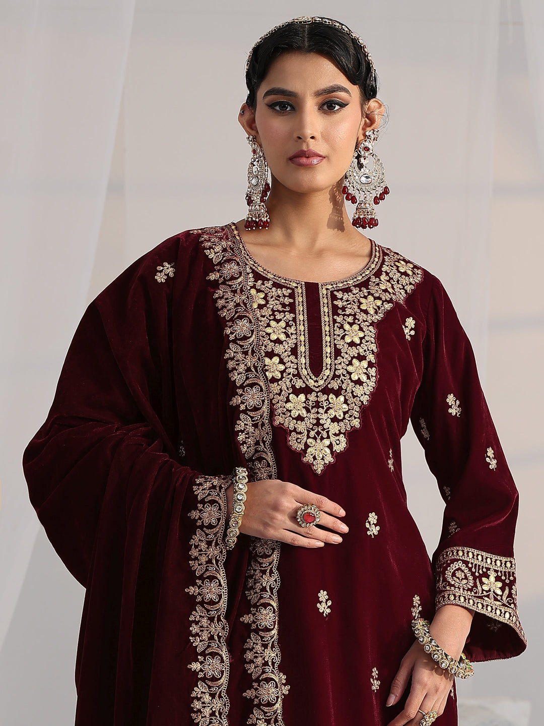  Libas Maroon Floral Embroidered Velvet Straight Suit Set 