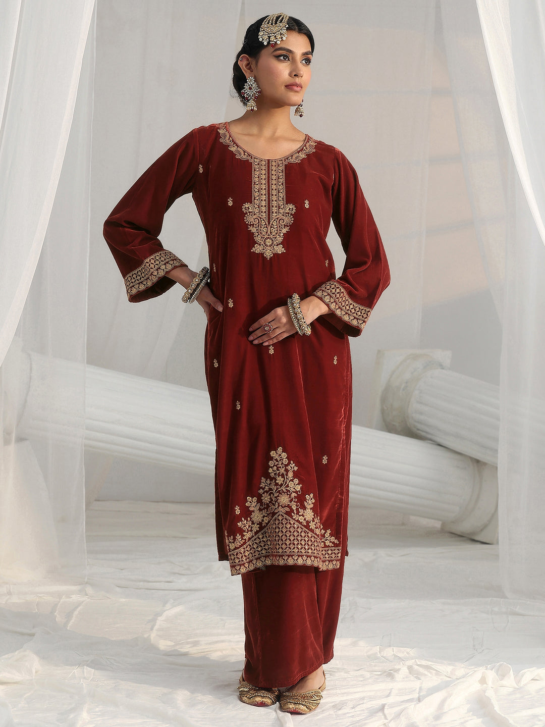  Libas Rust Brown Floral Embroidered Velvet Straight Suit Set 