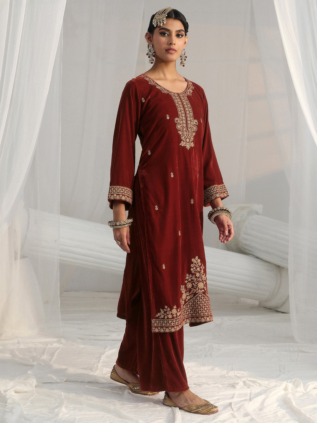  Libas Rust Brown Floral Embroidered Velvet Straight Suit Set 