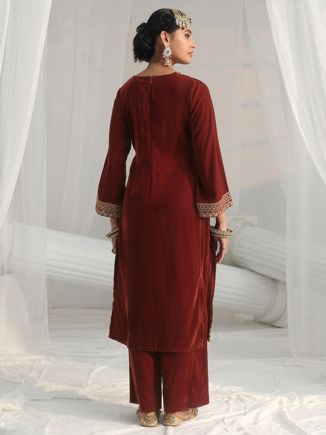  Libas Rust Brown Floral Embroidered Velvet Straight Suit Set 