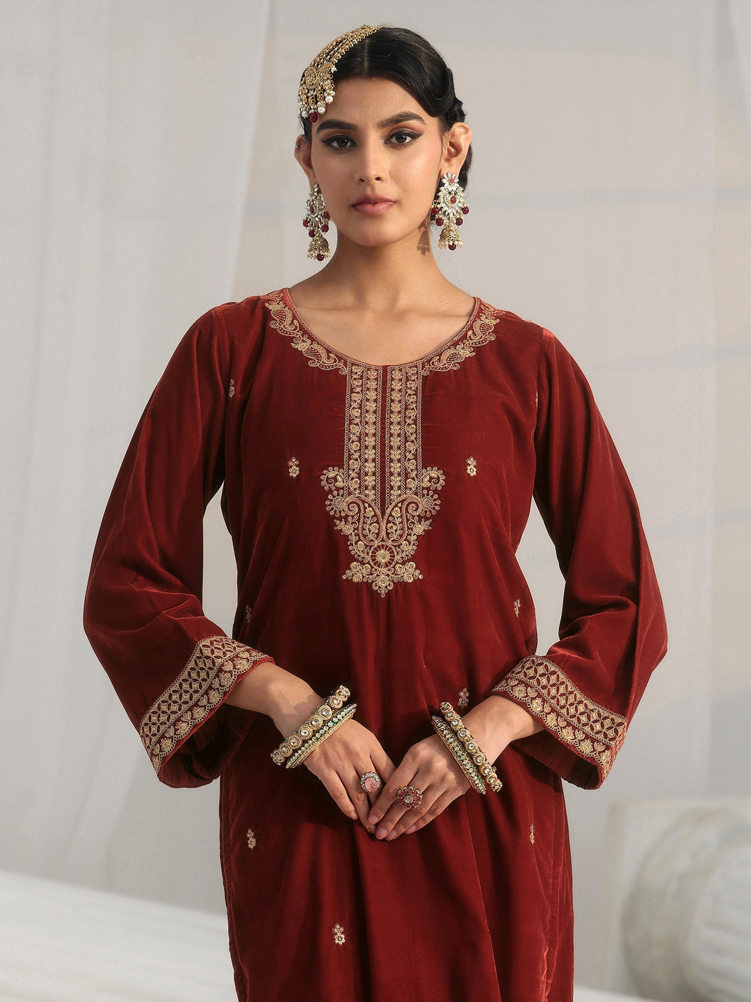  Libas Rust Brown Floral Embroidered Velvet Straight Suit Set 
