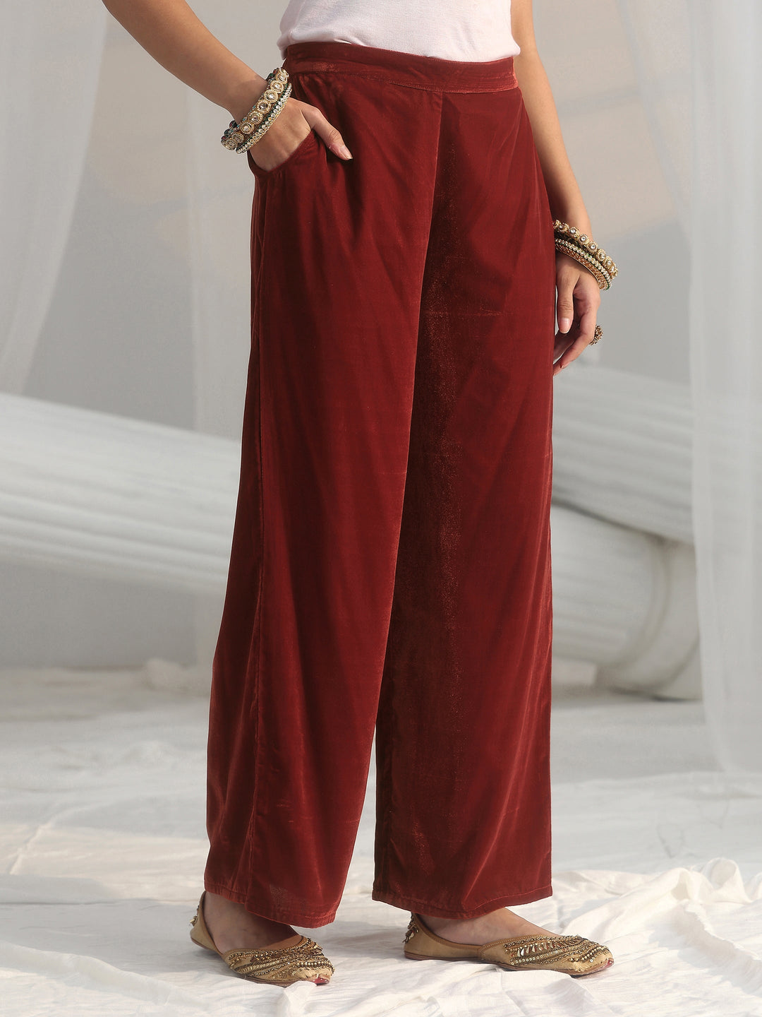  Libas Rust Brown Floral Embroidered Velvet Straight Suit Set 