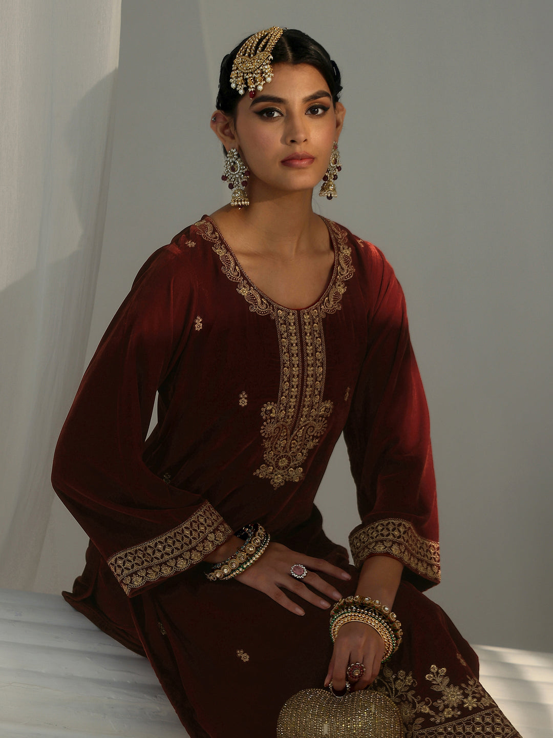  Libas Rust Brown Floral Embroidered Velvet Straight Suit Set 