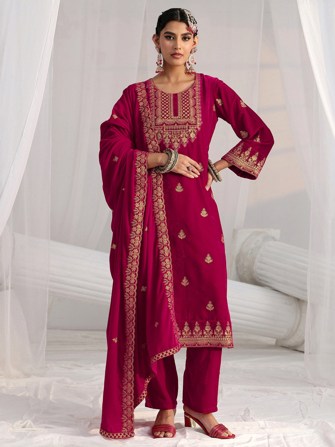  Libas Crimson Red Floral Embroidered Velvet Straight Suit Set 