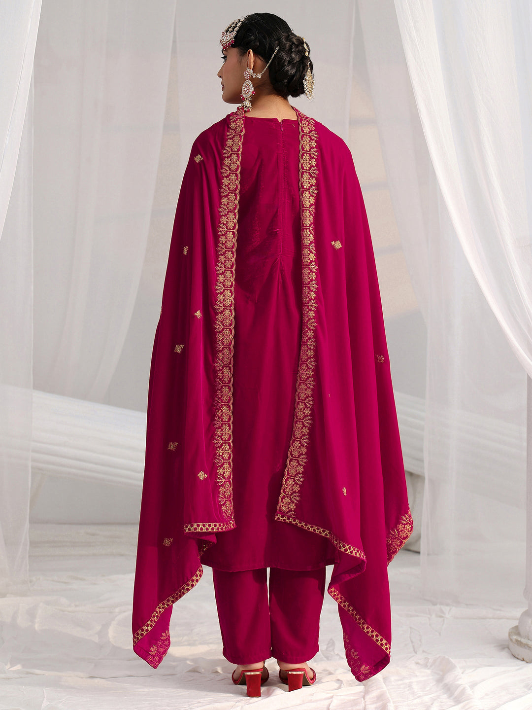  Libas Crimson Red Floral Embroidered Velvet Straight Suit Set 