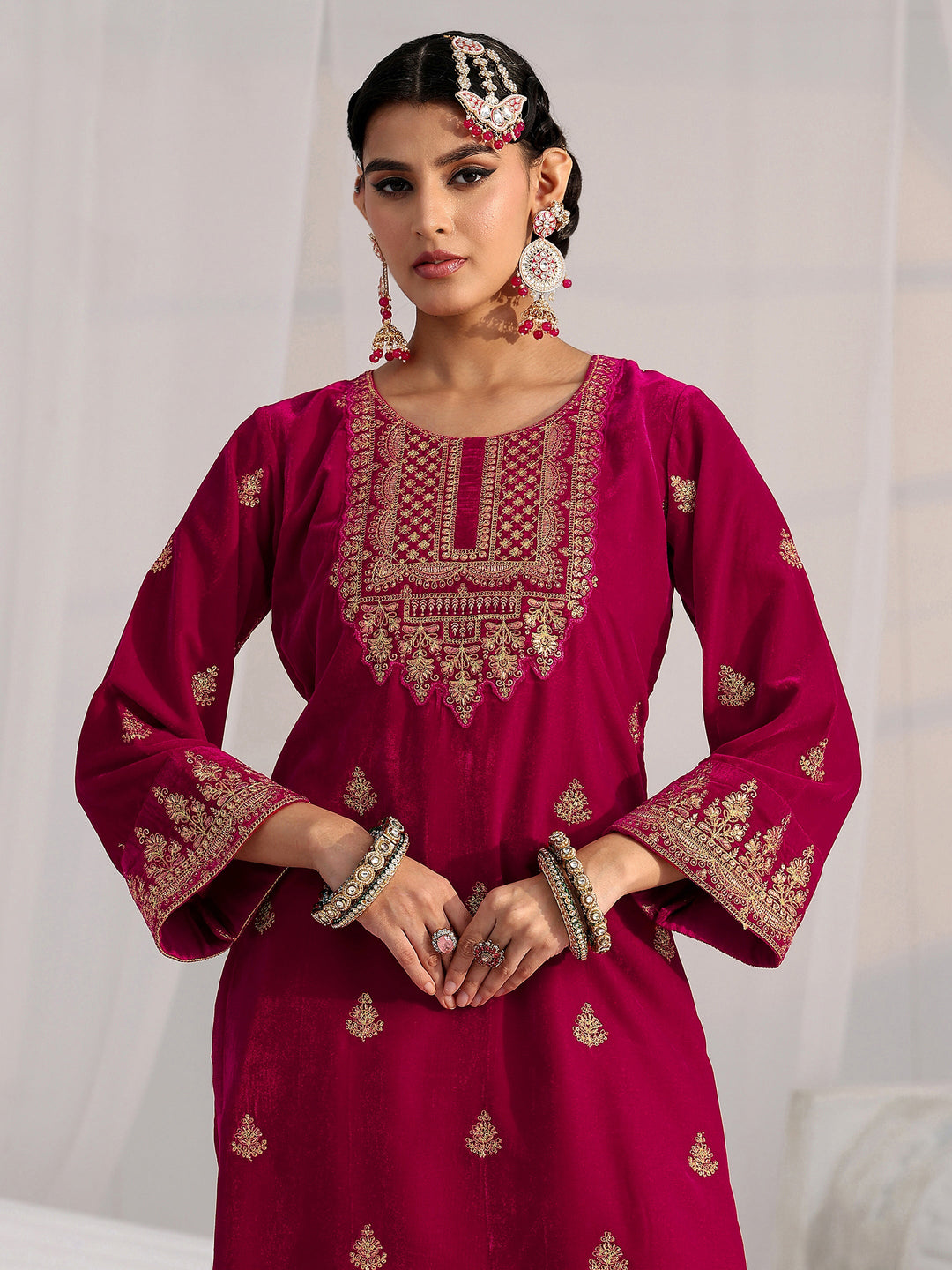  Libas Crimson Red Floral Embroidered Velvet Straight Suit Set 