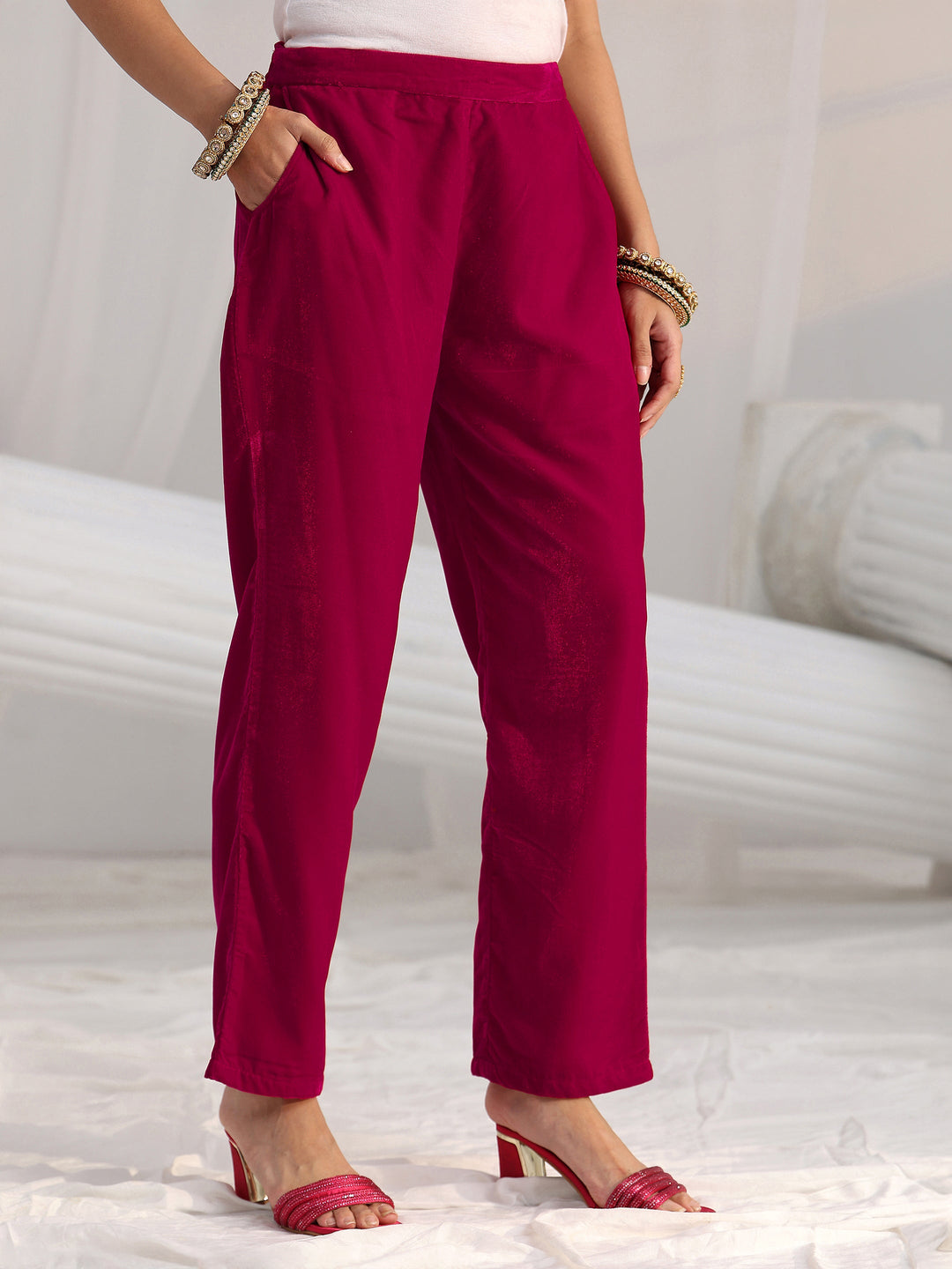  Libas Crimson Red Floral Embroidered Velvet Straight Suit Set 
