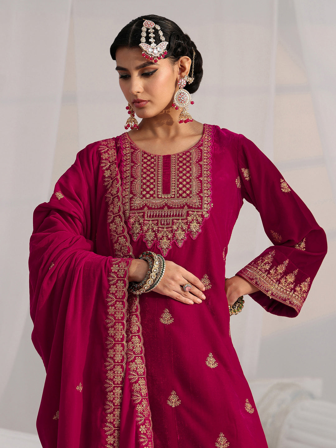  Libas Crimson Red Floral Embroidered Velvet Straight Suit Set 