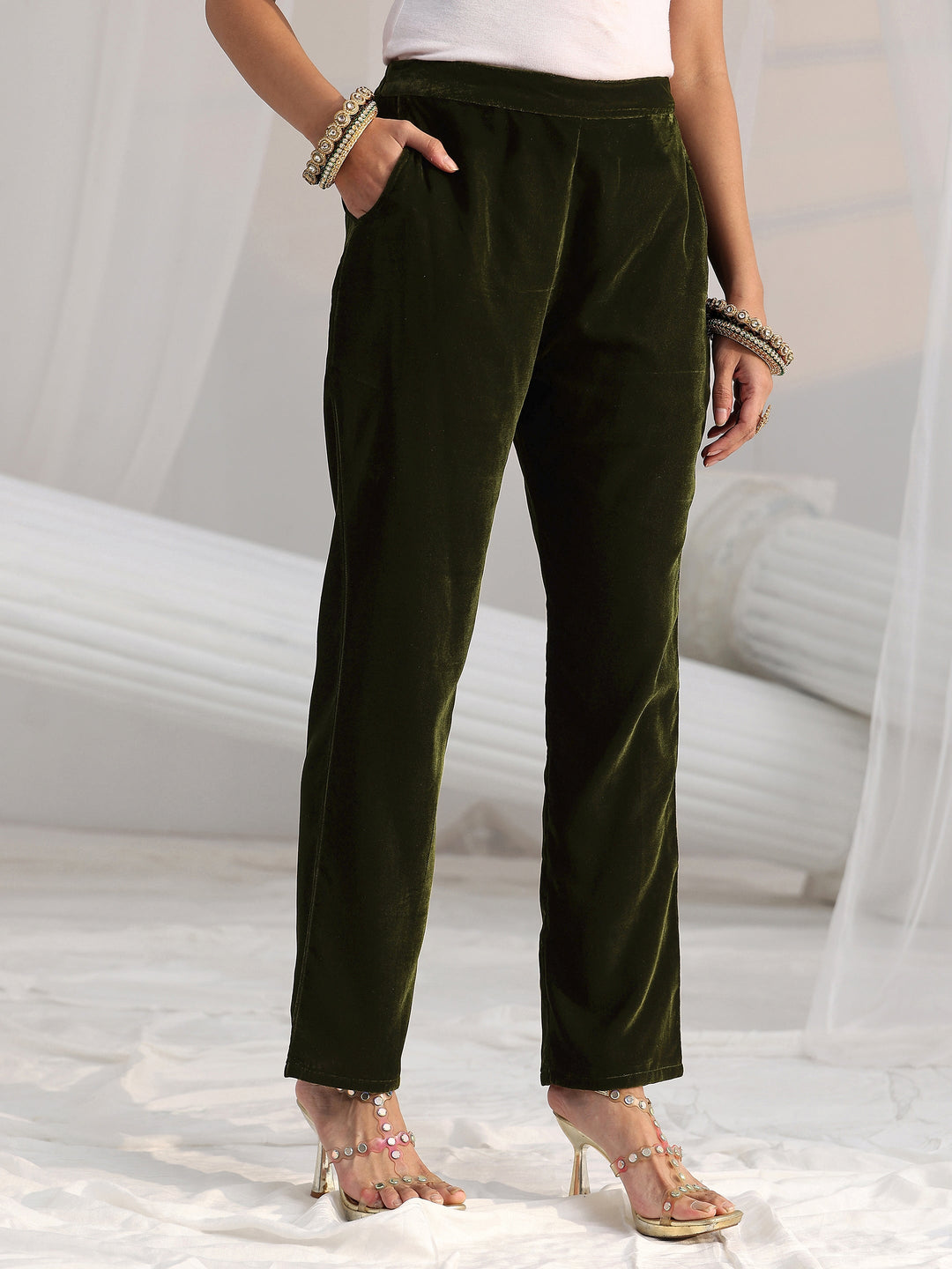  Libas Forest Green Ethnic Embroidered Velvet Straight Suit Set 