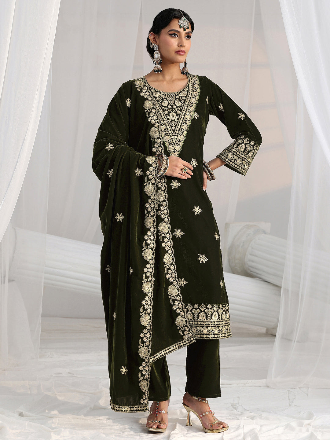  Libas Forest Green Yoke Design Velvet Straight Suit Set 