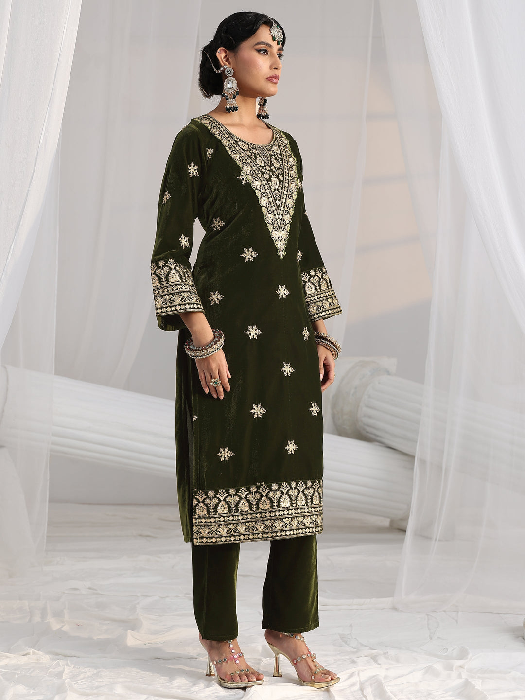  Libas Forest Green Yoke Design Velvet Straight Suit Set 