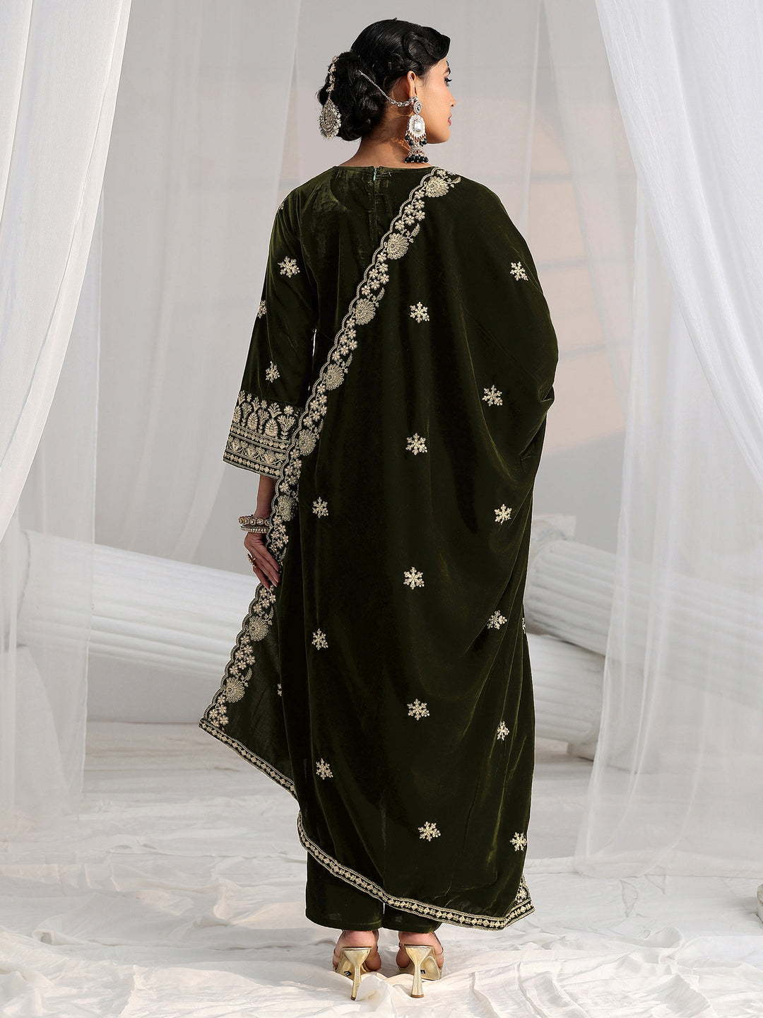  Libas Forest Green Yoke Design Velvet Straight Suit Set 