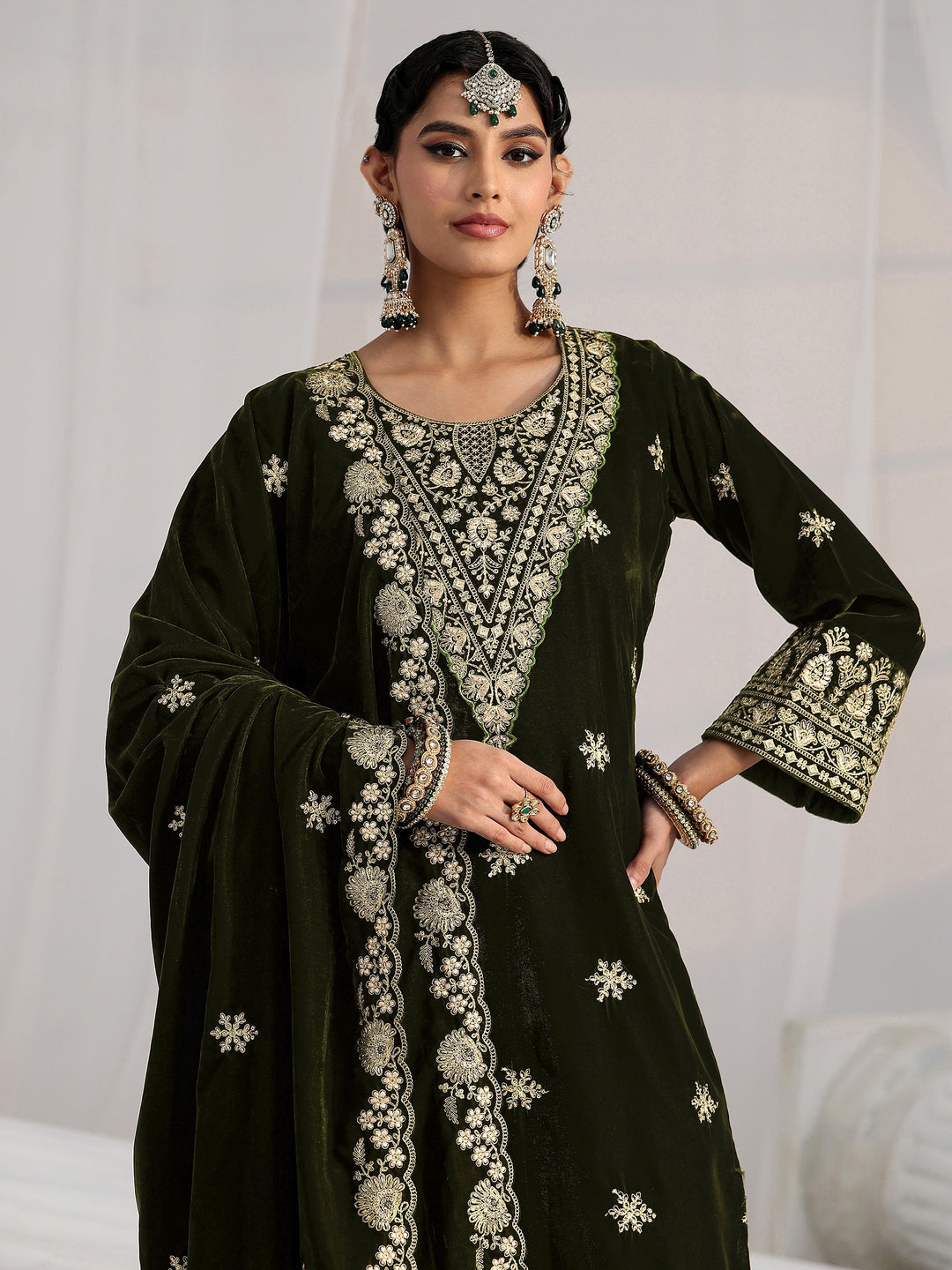  Libas Forest Green Yoke Design Velvet Straight Suit Set 