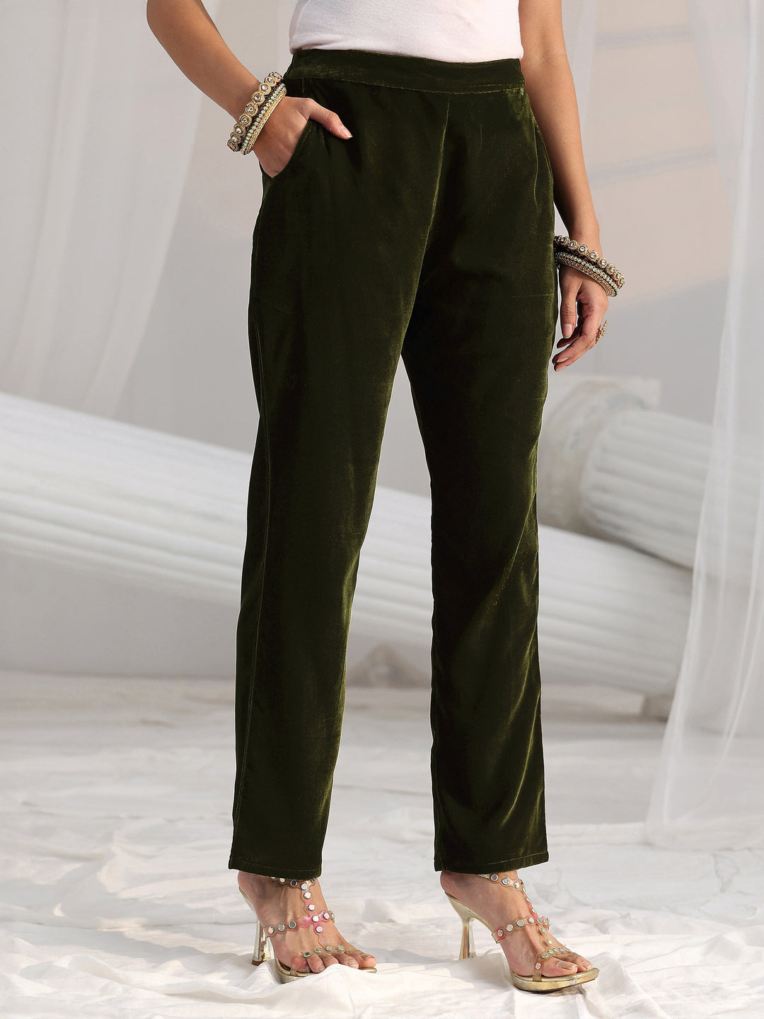  Libas Forest Green Yoke Design Velvet Straight Suit Set 