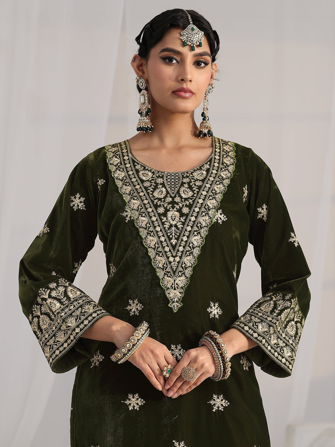  Libas Forest Green Yoke Design Velvet Straight Suit Set 