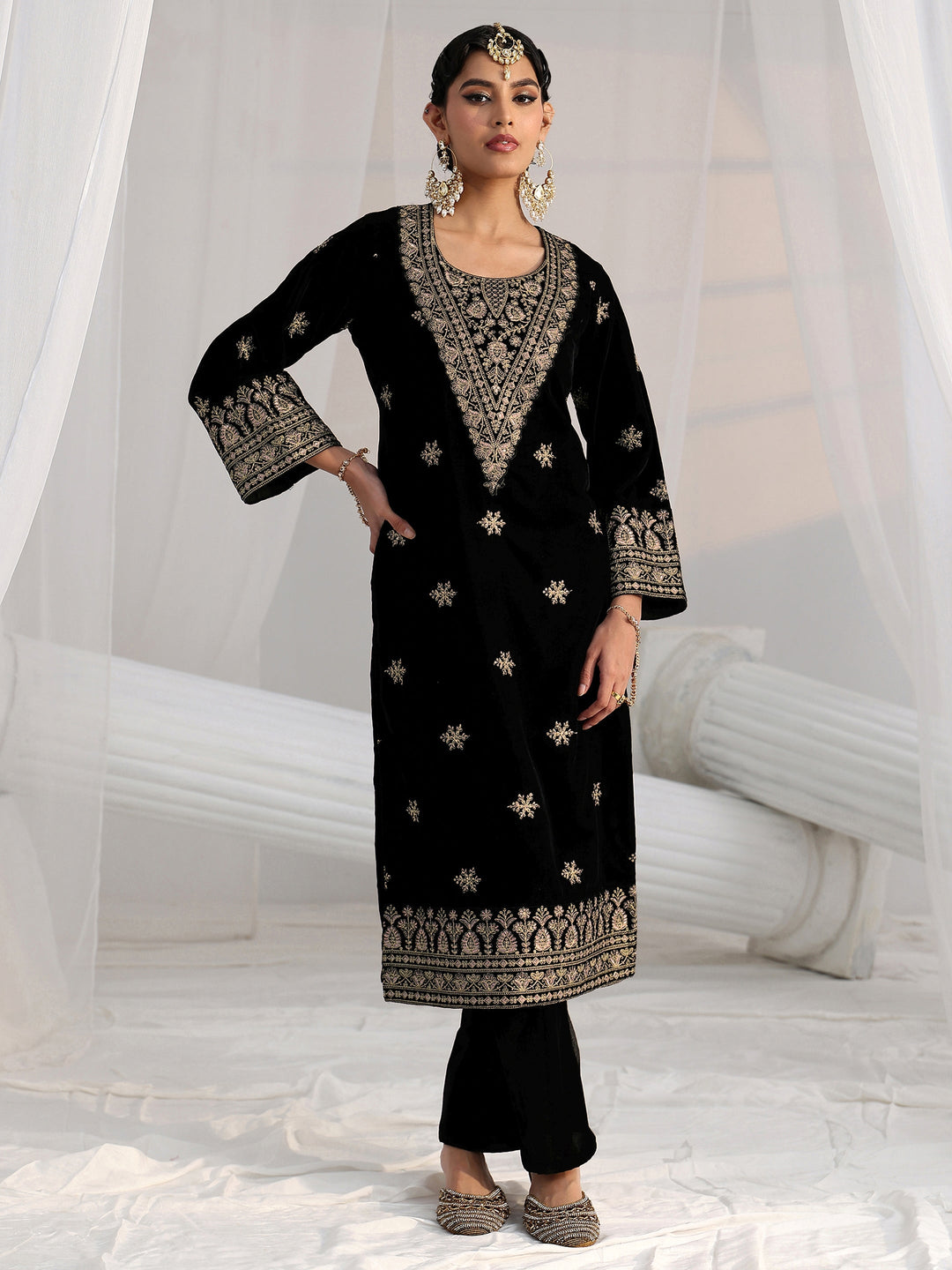  Libas Black Yoke Design Velvet Straight Kurta Set 
