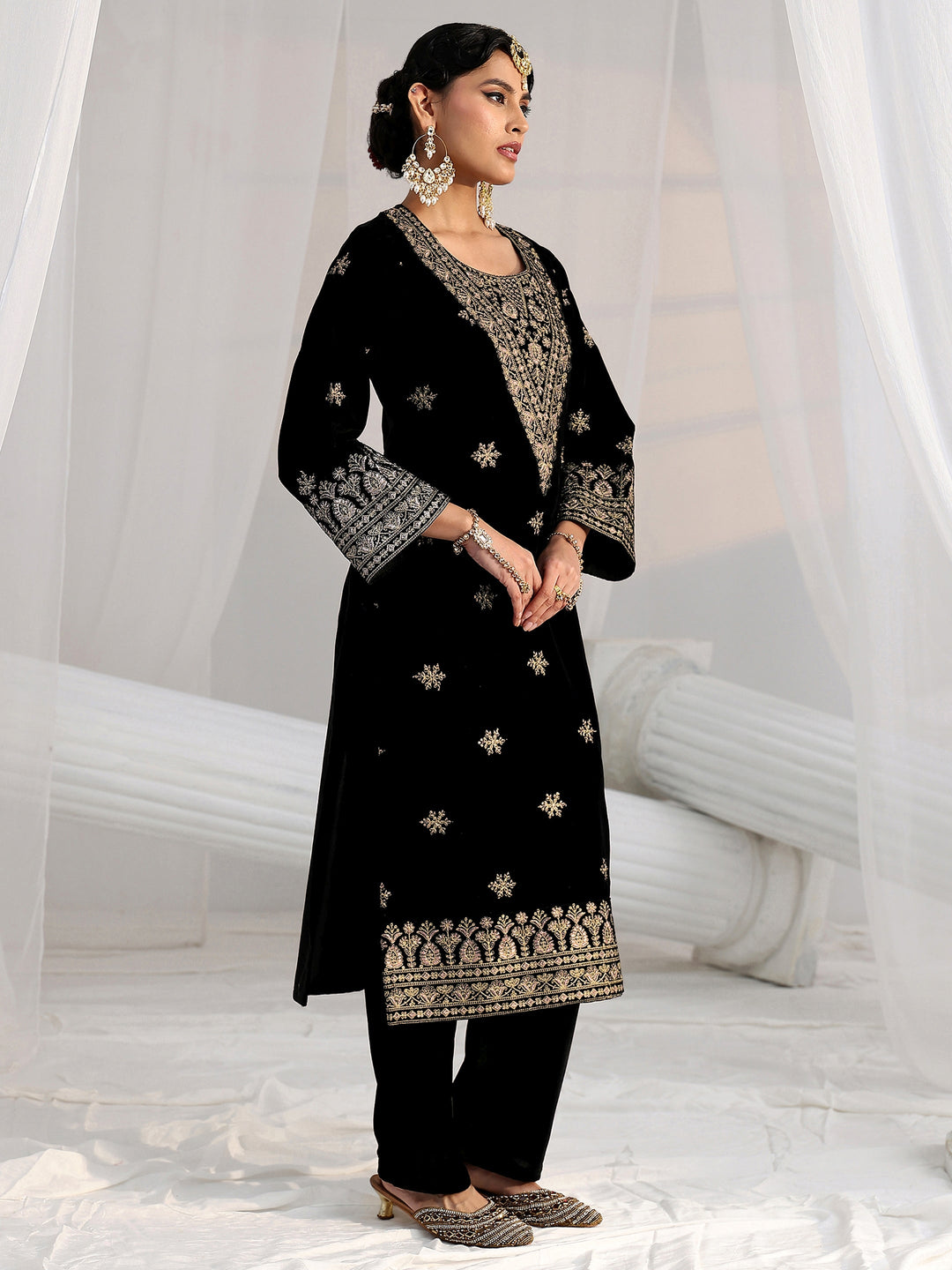  Libas Black Yoke Design Velvet Straight Kurta Set 
