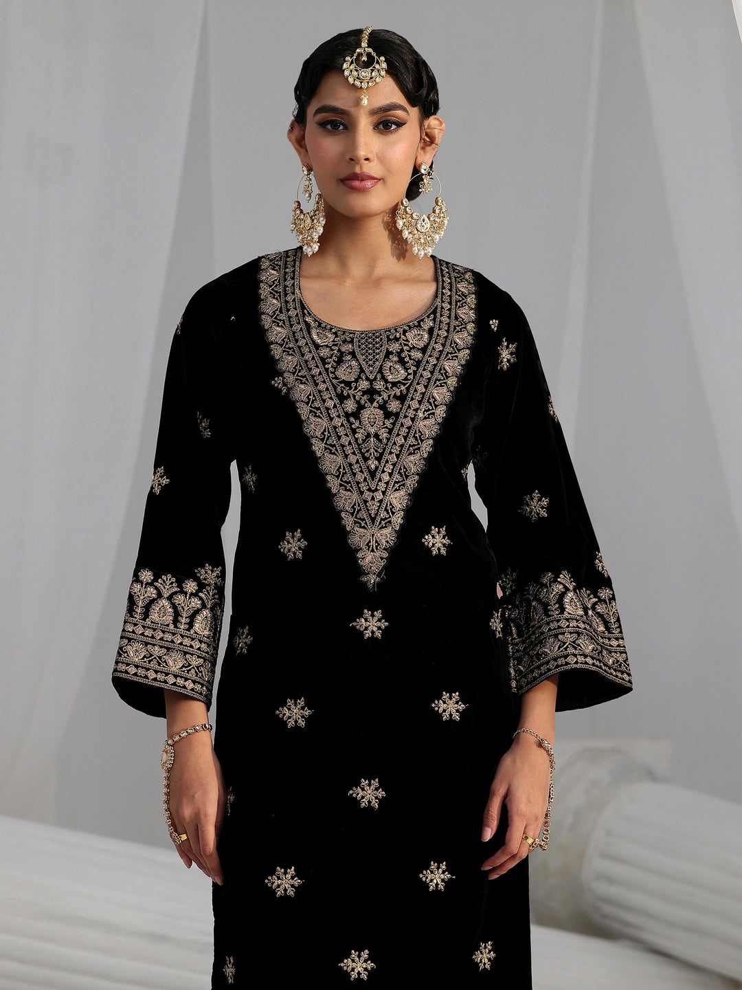  Libas Black Yoke Design Velvet Straight Kurta Set 