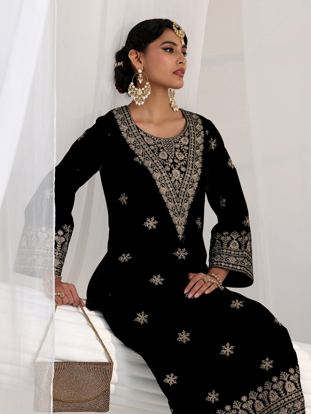  Libas Black Yoke Design Velvet Straight Kurta Set 
