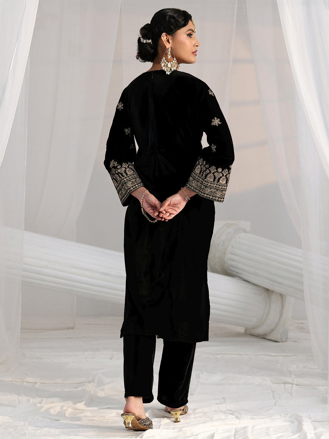  Libas Black Yoke Design Velvet Straight Kurta Set 