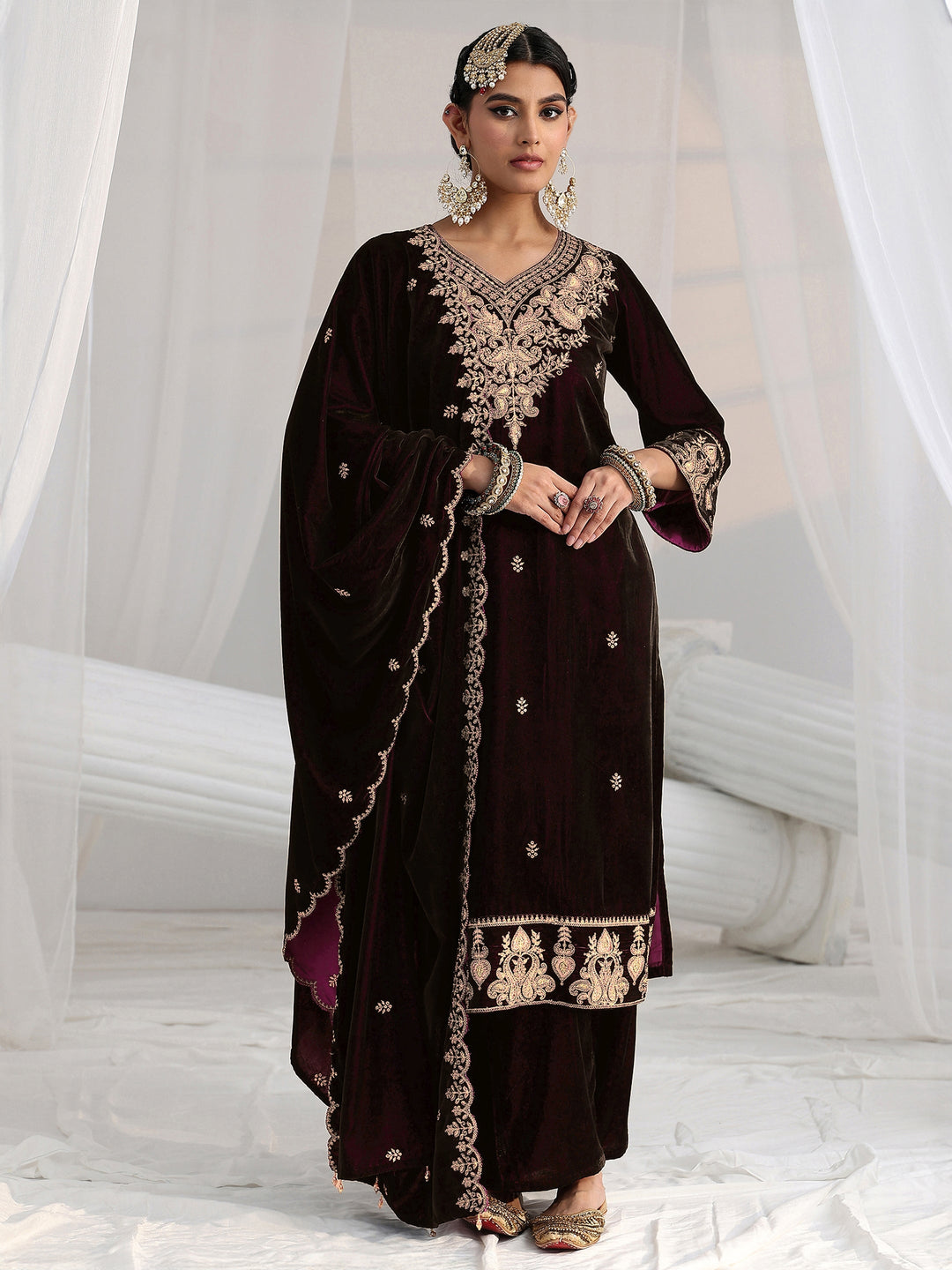  Libas Burgundy Yoke Design Velvet Straight Suit Set 