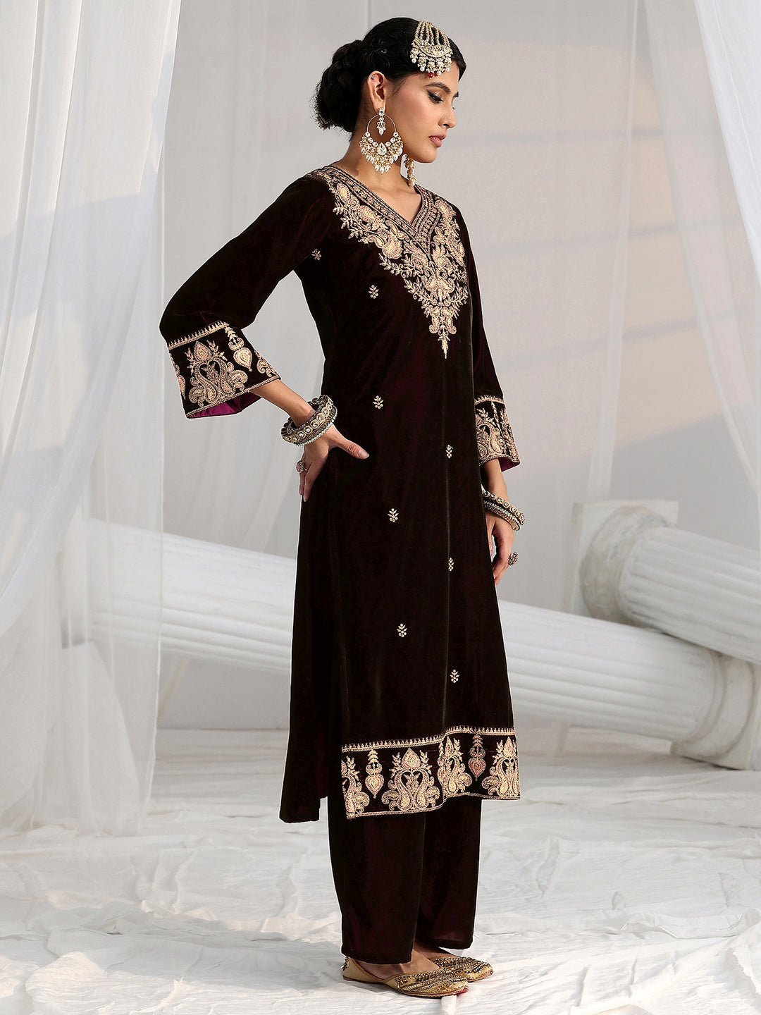  Libas Burgundy Yoke Design Velvet Straight Suit Set 