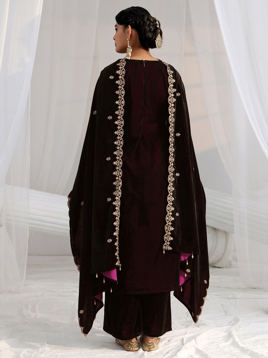  Libas Burgundy Yoke Design Velvet Straight Suit Set 
