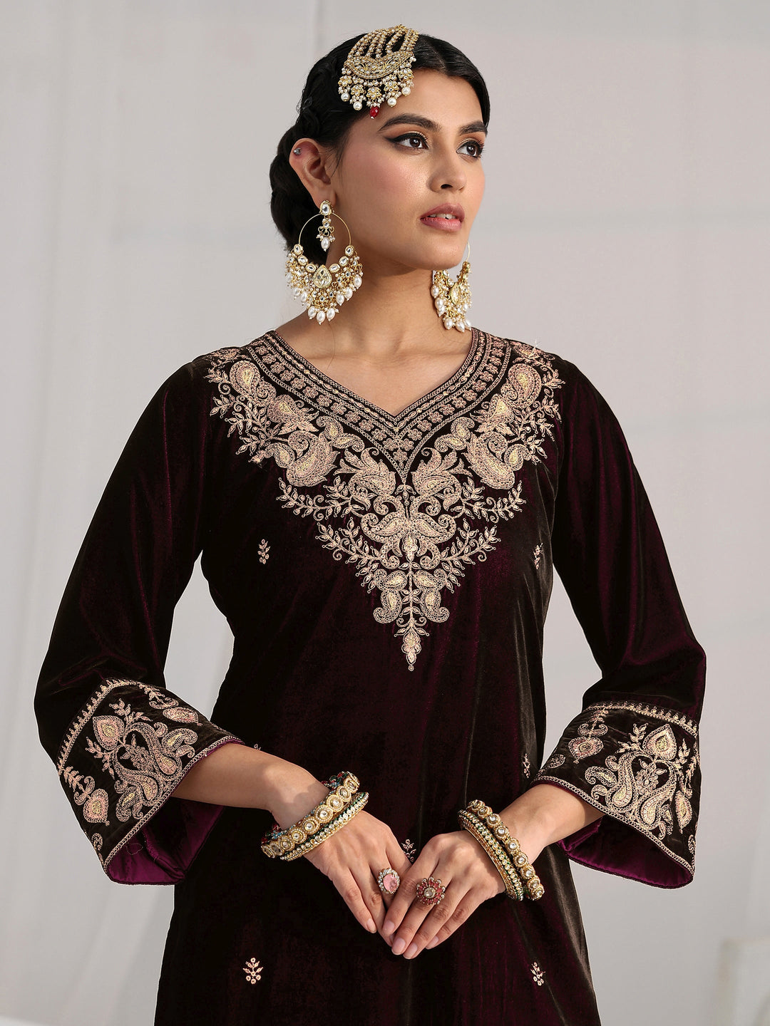  Libas Burgundy Yoke Design Velvet Straight Suit Set 