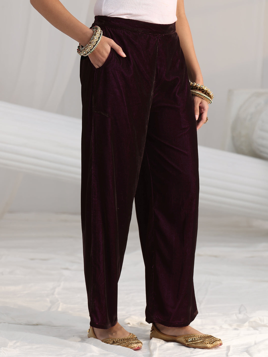  Libas Burgundy Yoke Design Velvet Straight Suit Set 