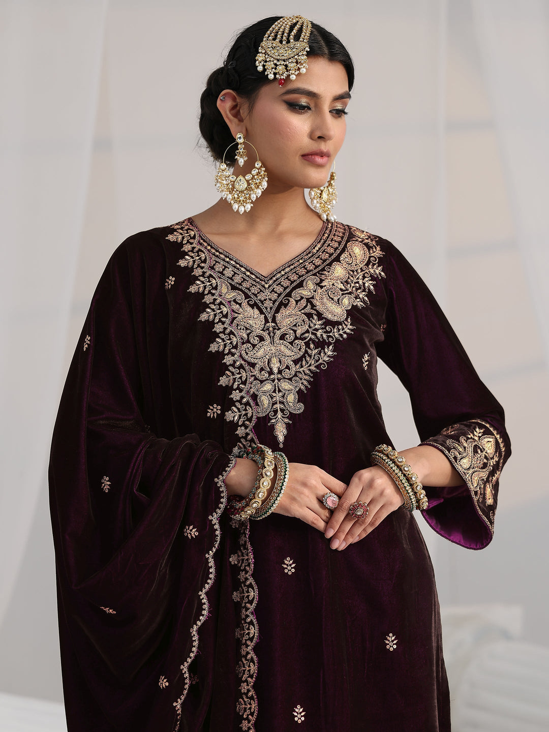 Libas Burgundy Yoke Design Velvet Straight Suit Set 