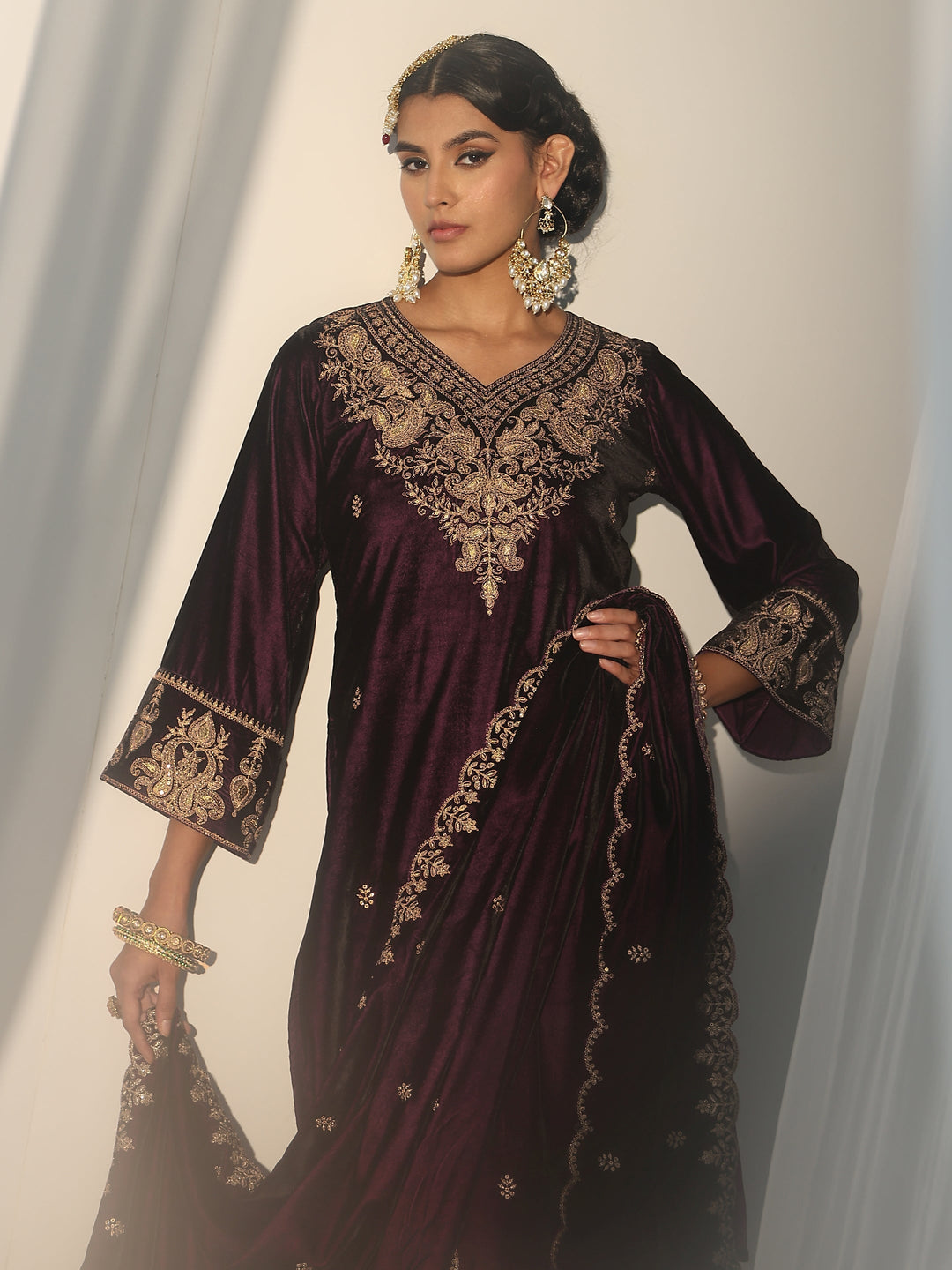  Libas Burgundy Yoke Design Velvet Straight Suit Set 
