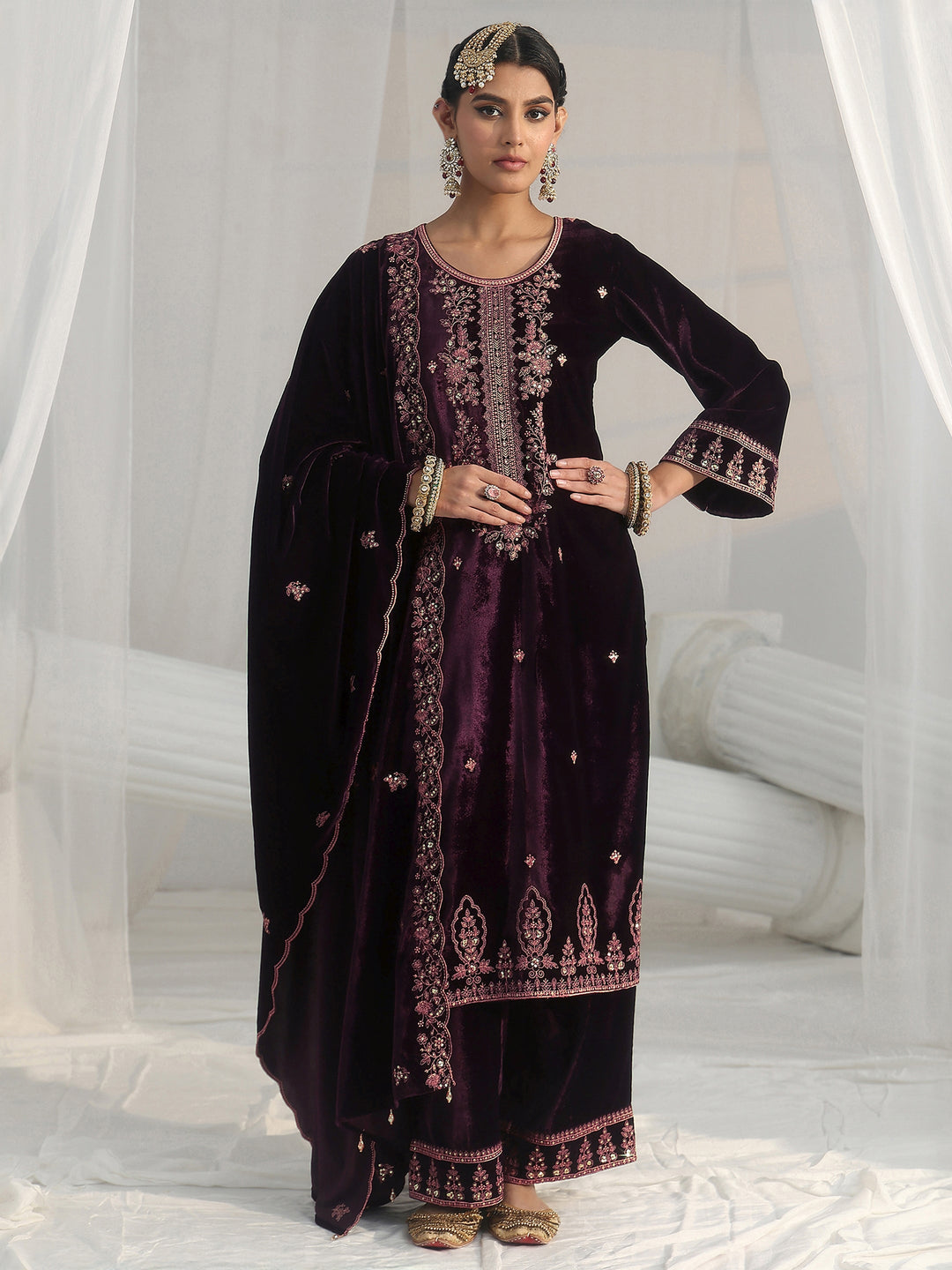  Libas Deep Plum Purple Floral Embellished Velvet Straight Suit Set 