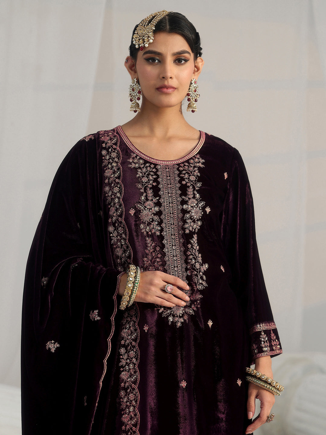  Libas Deep Plum Purple Floral Embellished Velvet Straight Suit Set 