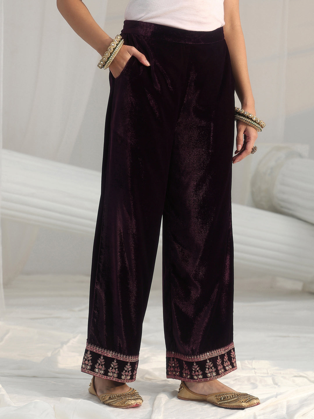  Libas Deep Plum Purple Floral Embellished Velvet Straight Suit Set 