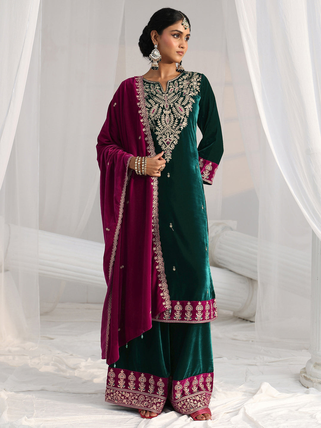  Libas Teal Green Yoke Design Velvet Straight Suit Set 