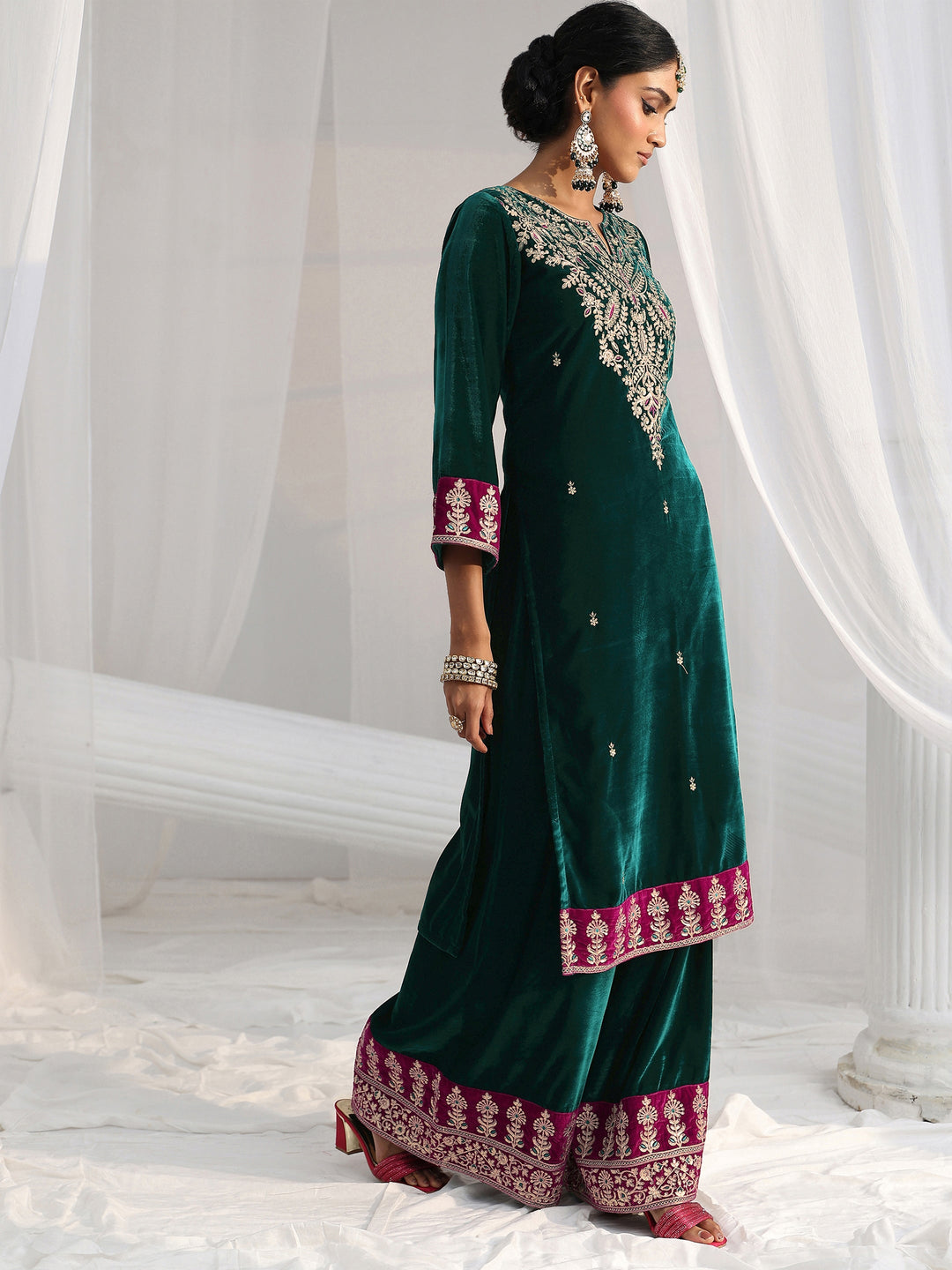  Libas Teal Green Yoke Design Velvet Straight Suit Set 