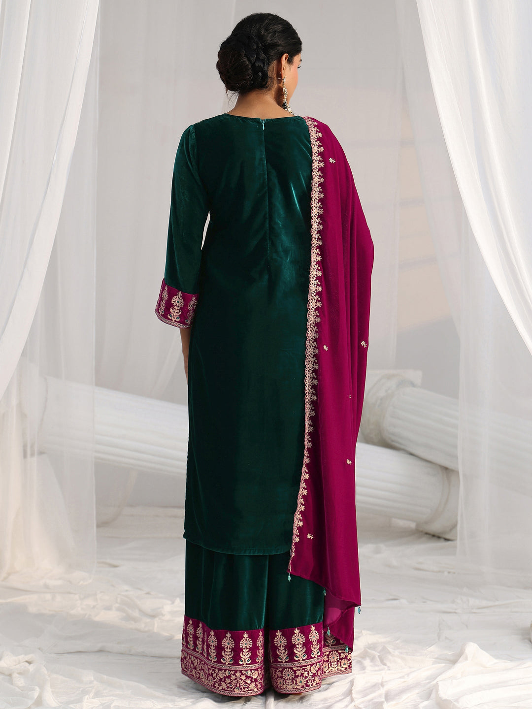  Libas Teal Green Yoke Design Velvet Straight Suit Set 