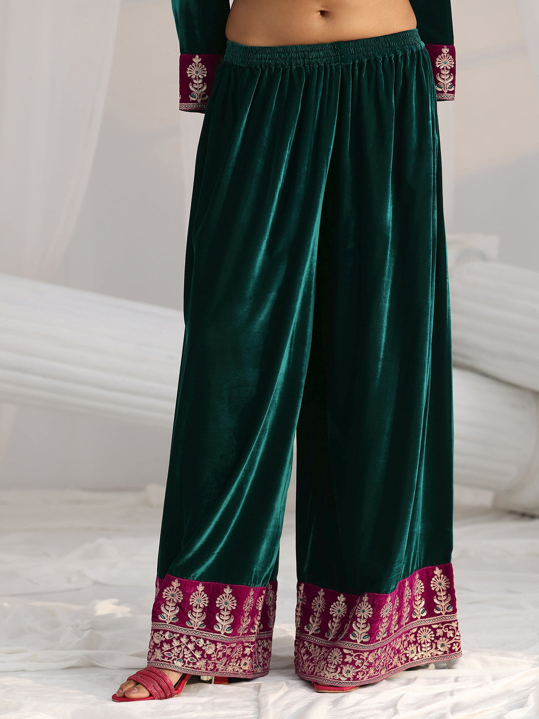  Libas Teal Green Yoke Design Velvet Straight Suit Set 