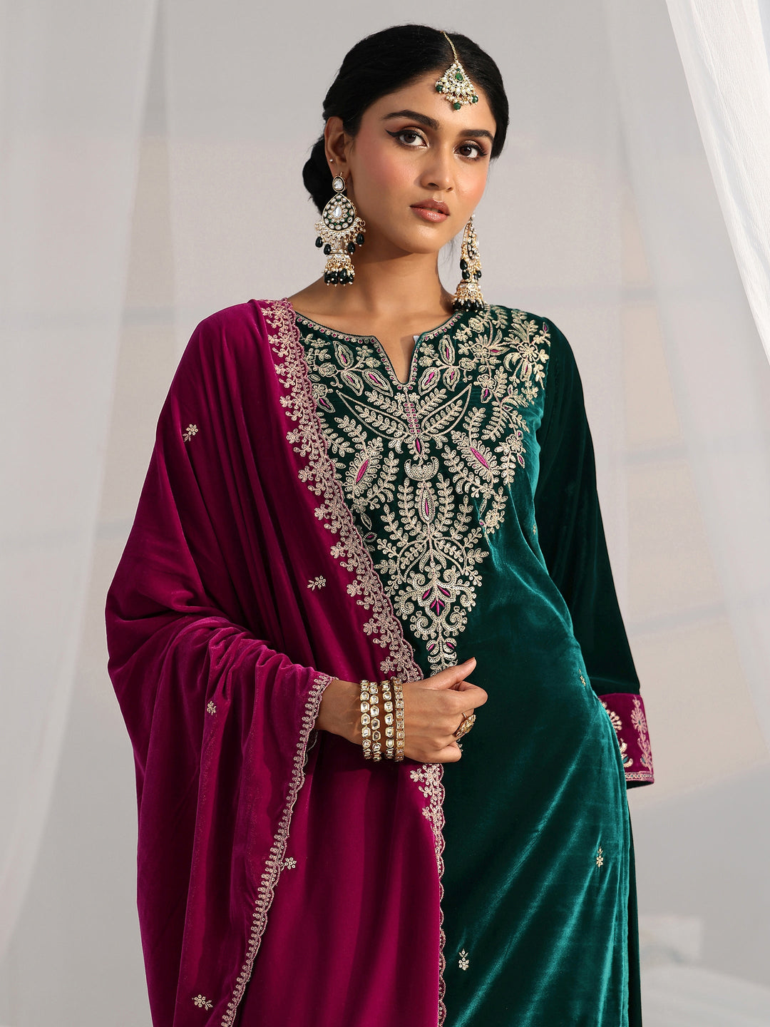  Libas Teal Green Yoke Design Velvet Straight Suit Set 