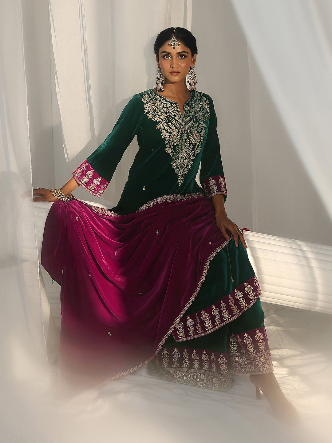  Libas Teal Green Yoke Design Velvet Straight Suit Set 