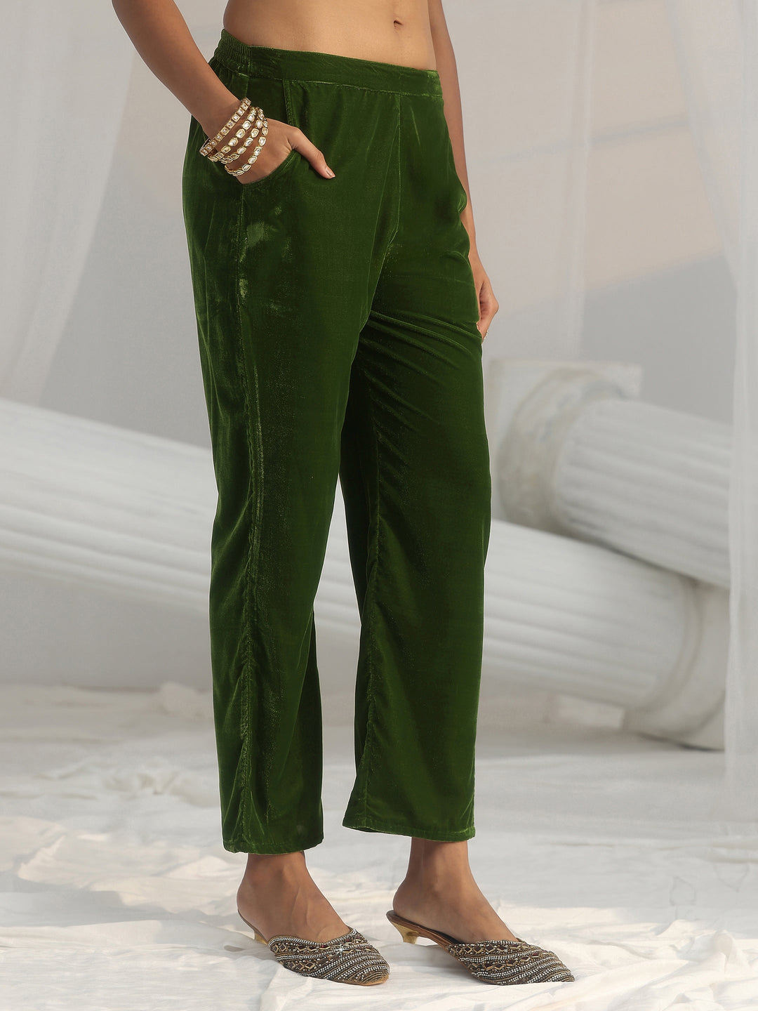  Libas Emerald Green Ethnic Embroidered Velvet Straight Suit Set 