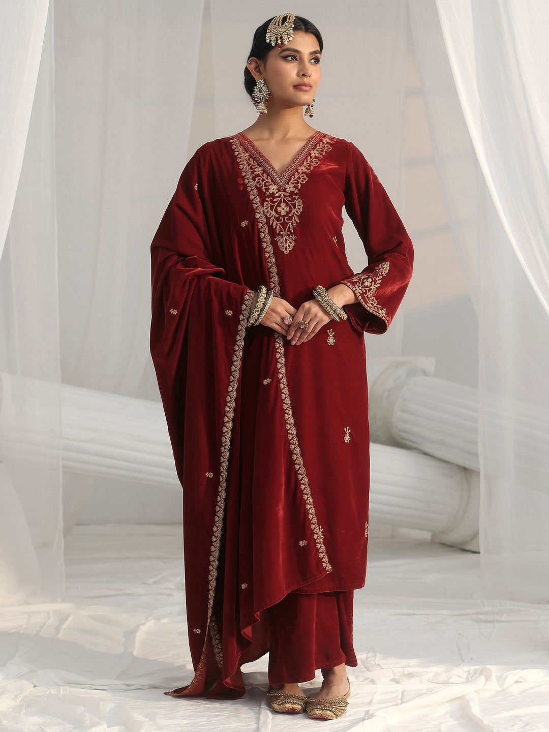  Libas Rust Brown Foral Embroidered Velvet Straight Suit Set 