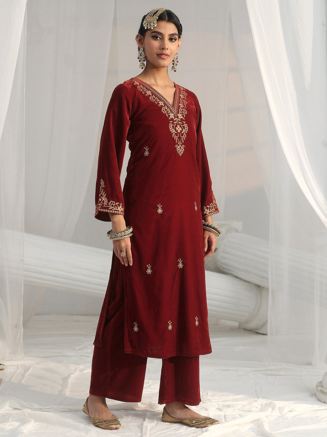  Libas Rust Brown Foral Embroidered Velvet Straight Suit Set 